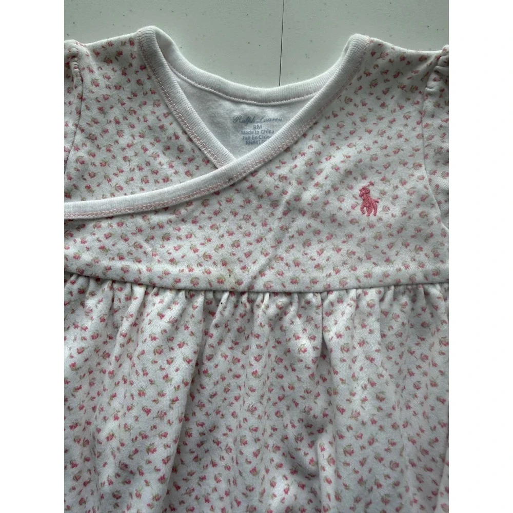 Ralph‎ Lauren Girls Layette Pink White Ditzy Floral Gown Pink Pony Logo 9 M